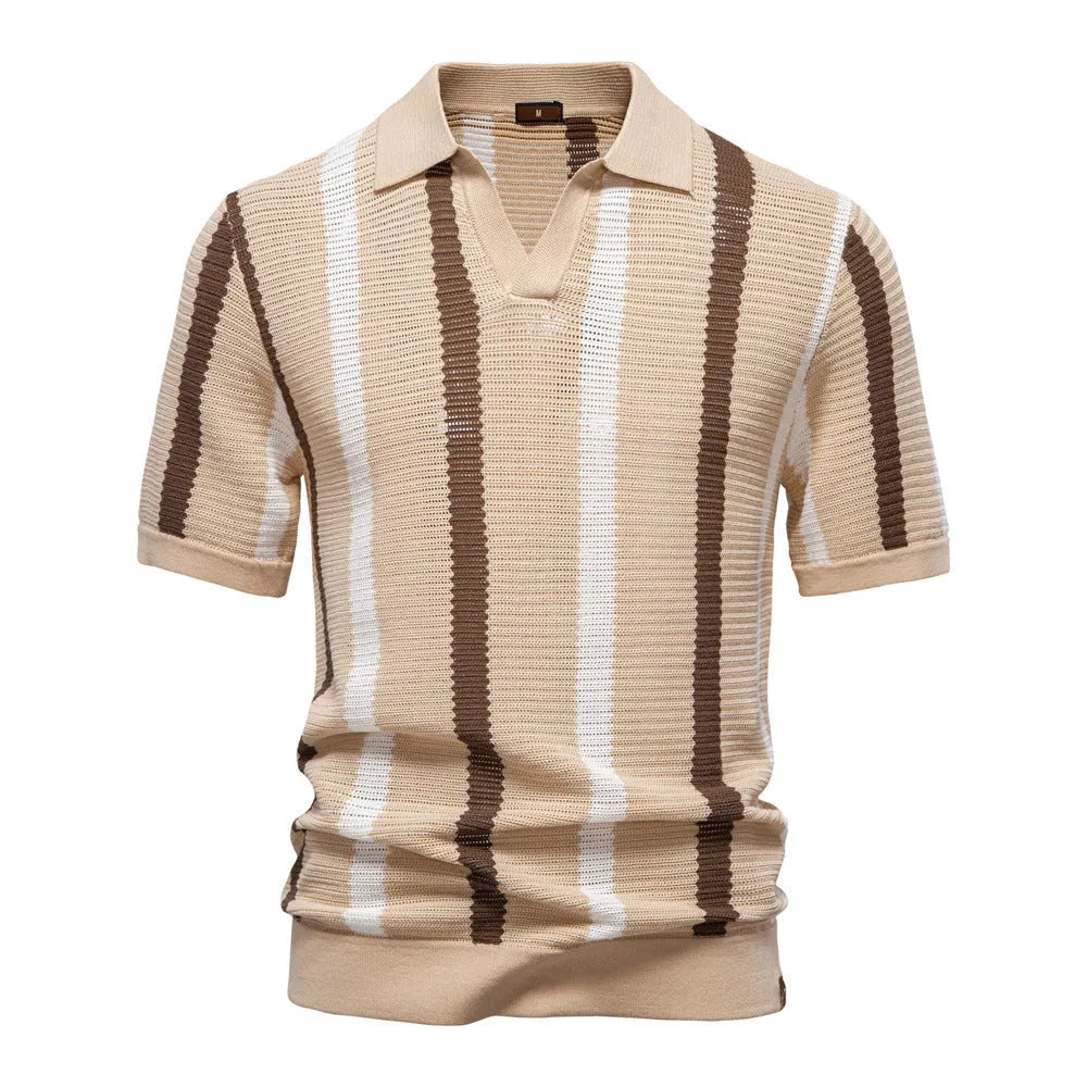 Men's striped mosaic polo shirt sweater in breathable hollow fabric available in four colours
