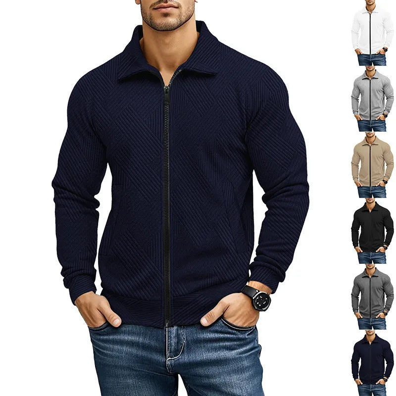 Men's solid colour British-style casual jacket with a turn-down waffle collar and long sleeves.