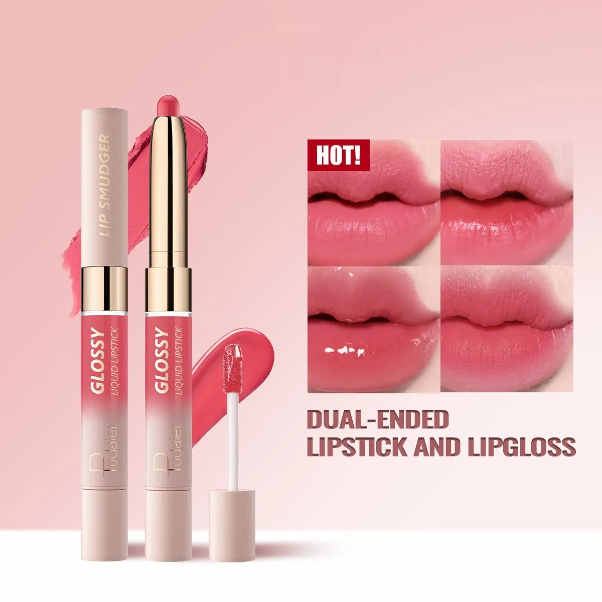 Double-headed lipstick showing matte end and gloss end with 10 colour options numbered 01-10