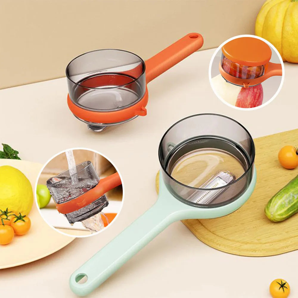 Light green kitchen peeler with attached storage bucket for catching fruit and vegetable peelings