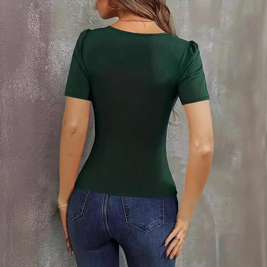 Women's low-neck slim fit knitted short sleeve top in wine red, black, or green colours