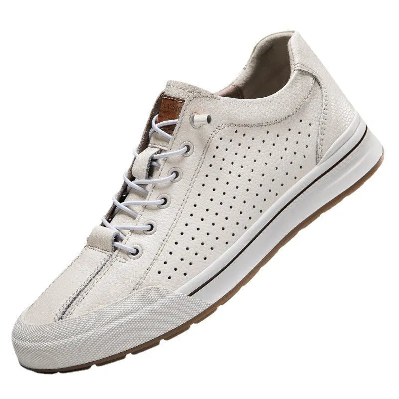 Men's white breathable shoes with matte leather upper and 6CM flat heel, showing round toe design