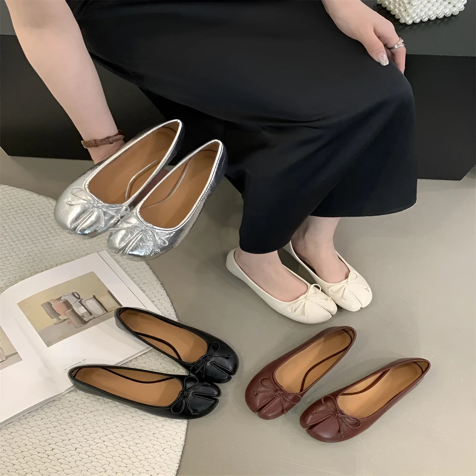 Women's split-toe flat heel pump shoes in black silver beige red colours
