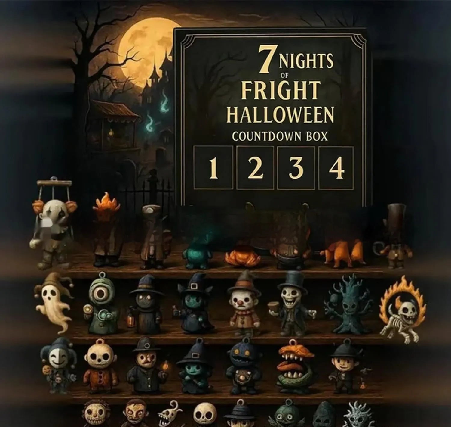 Halloween themed countdown box with plastic and resin construction for Christmas advent calendar use