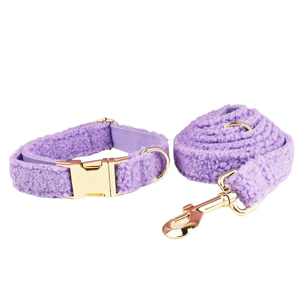 Four-piece cloth dog set showing collar, leash, bow, and vest for small to extra large dogs