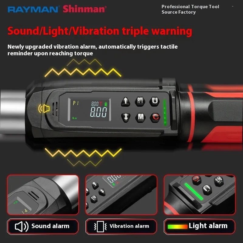 Electronic digital display torque wrench showing torque measurement with triple warning indicators