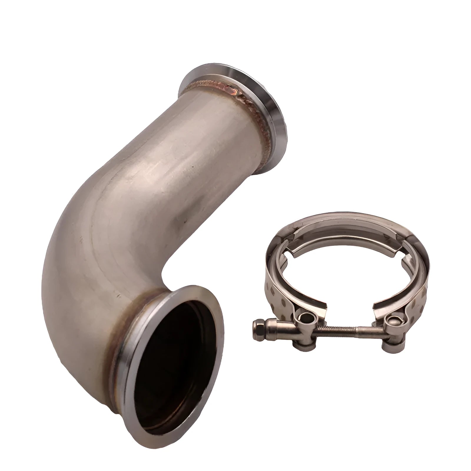 Stainless steel V-shaped clamp pipe and foot downpipe plumbing fitting.