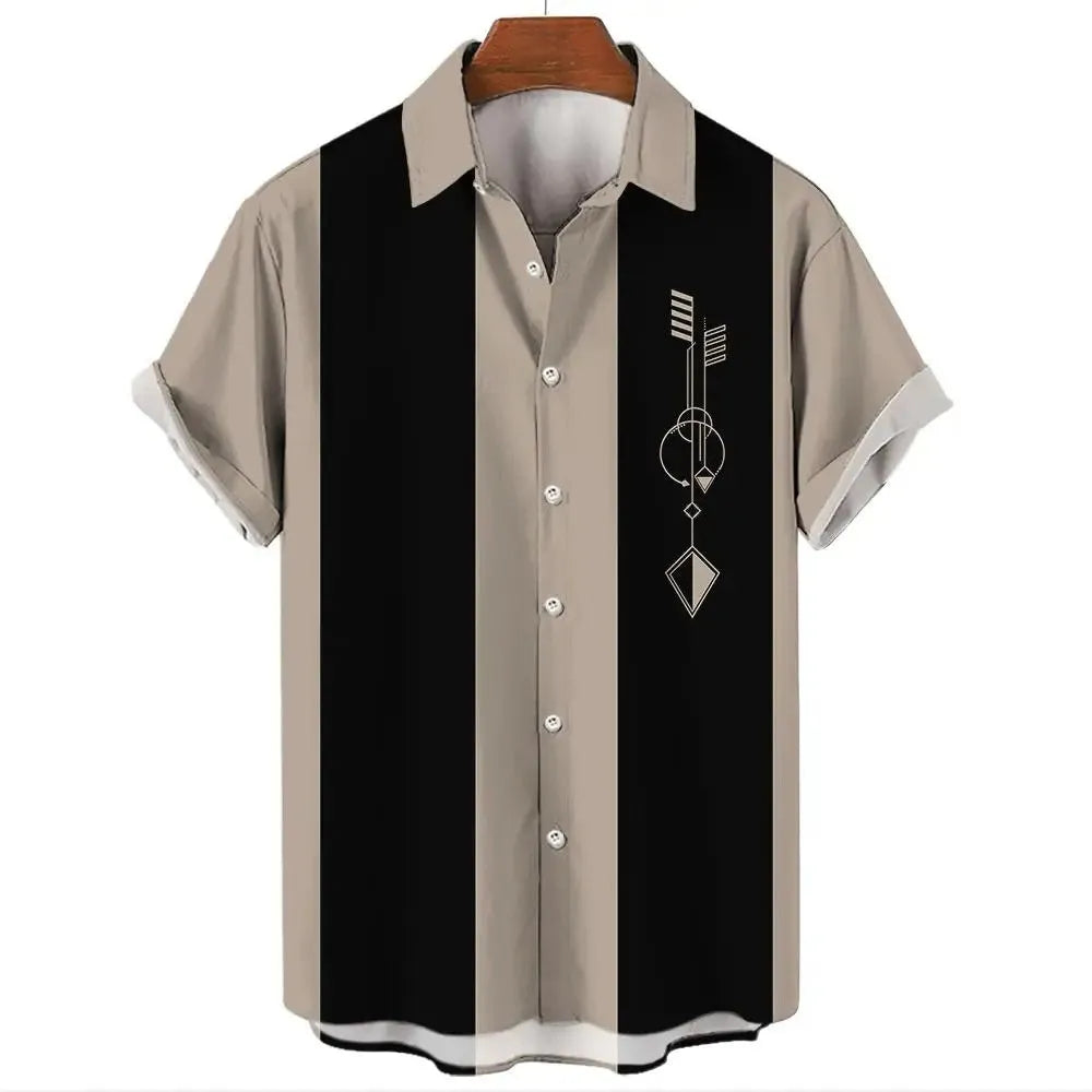 Men's striped Hawaiian shirt with button-up front and short sleeves showing elastic fabric stretch