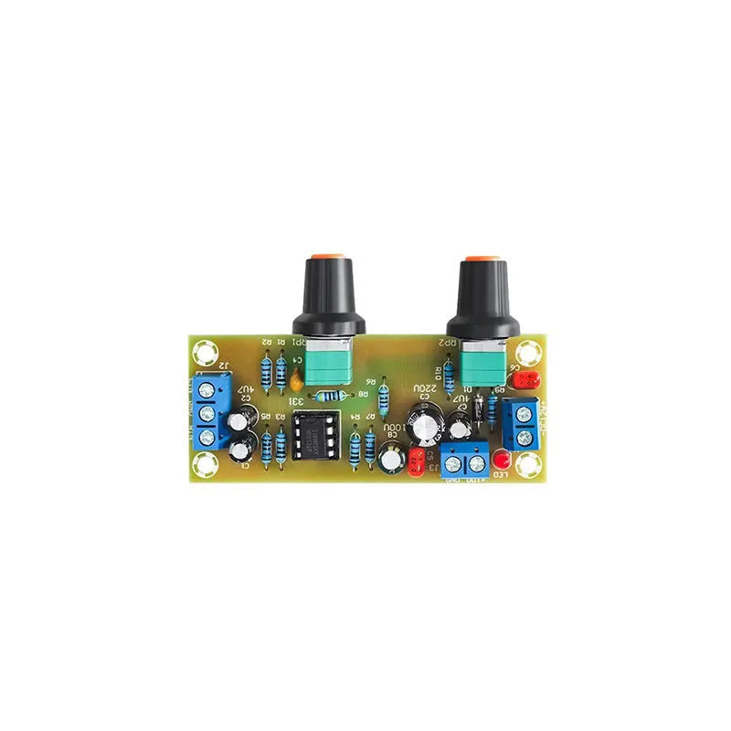 Single power supply 10-24V bass boost front stage board with FR-4 fibreglass PCB measuring 78x32mm
