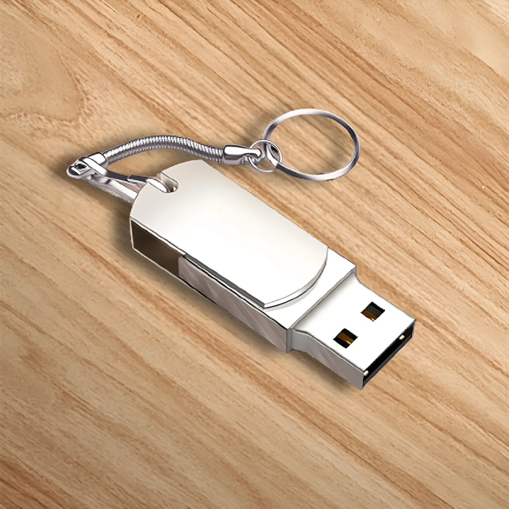 White metal rotating USB flash drive showing compact 34mm size with protective shell