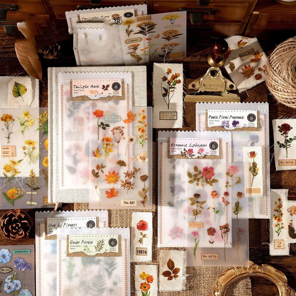 Huazhisen Series forest label sticker pack showing transfer paper and cotton linen sheets in dusk time colour