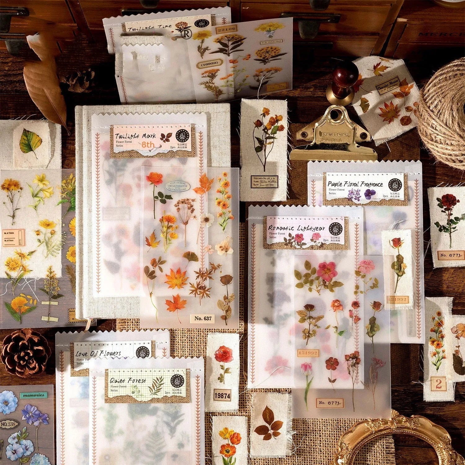 Huazhisen Series forest label sticker pack showing transfer paper and cotton linen sheets in dusk time colour