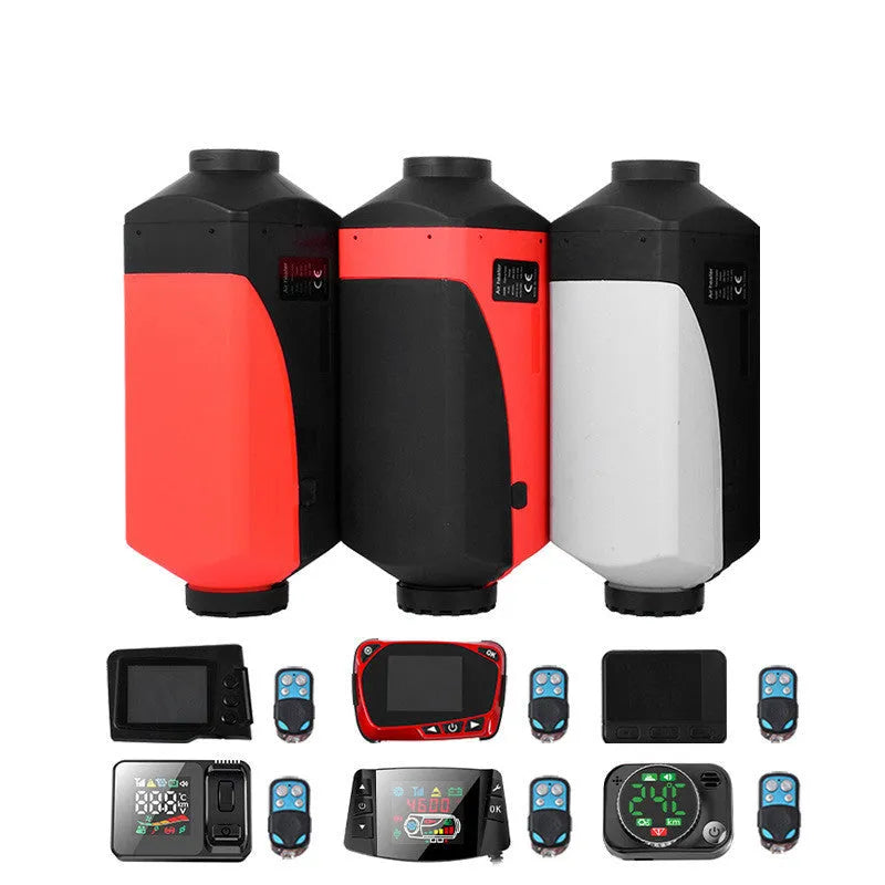 Red and black diesel air heater with metal exhaust pipe, oil pump, and 10L tank for vehicle heating