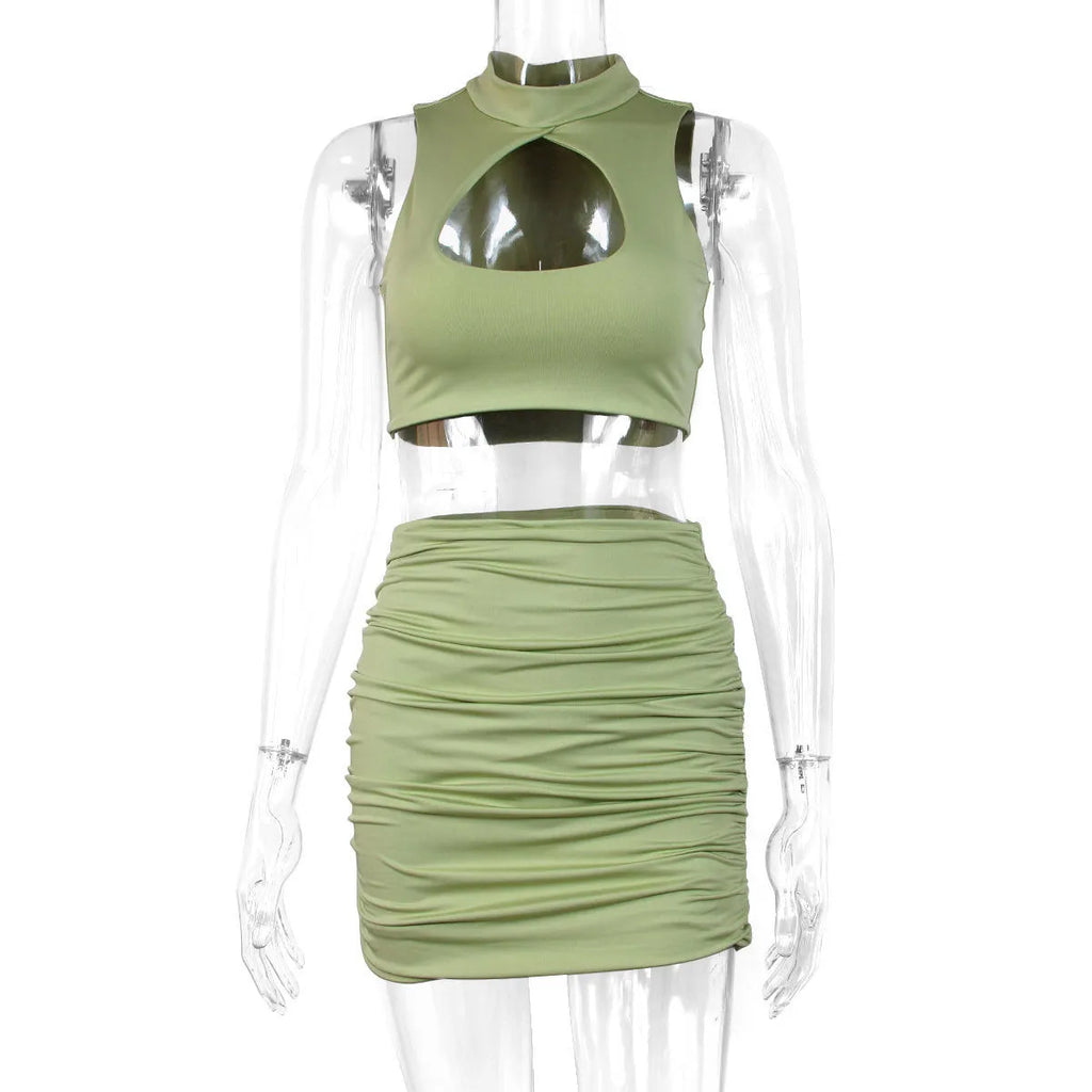 Summer two-piece set with cutout vest and split skirt in light purple, sizes XS to L