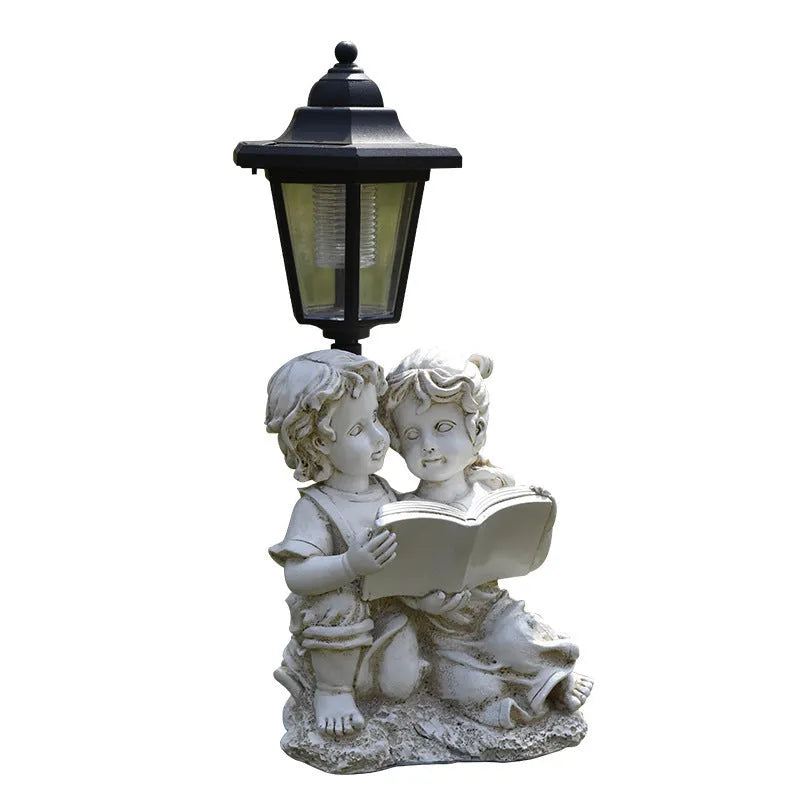 Hexagonal solar garden lamp with resin animal figure, 30cm tall with 24 LED lights for outdoor illumination