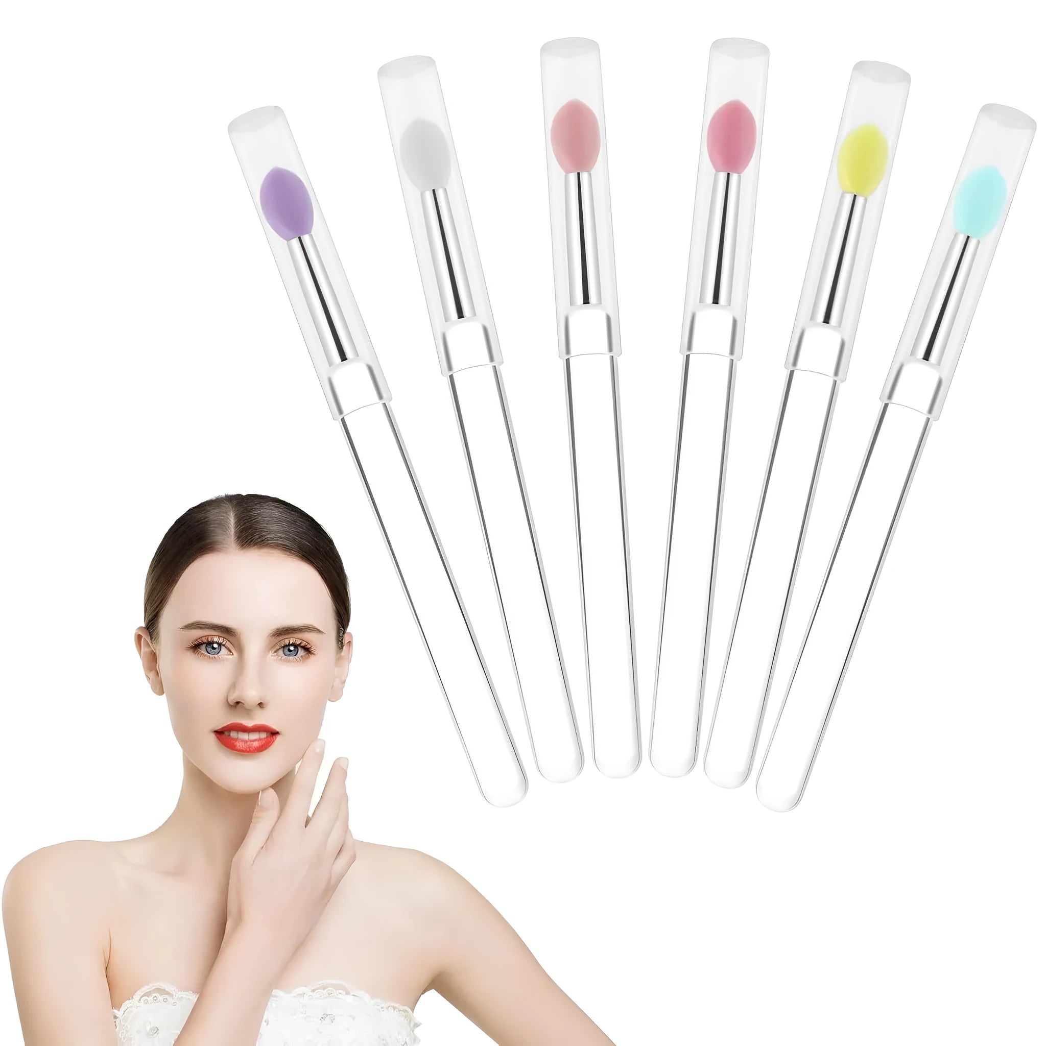 Set of reusable silicone lip brushes with caps in eight different colours on a white background.