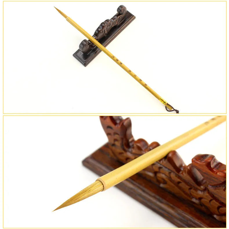 Langhao traditional Chinese calligraphy brush with wolf hair nib, shown beside ink and paper.