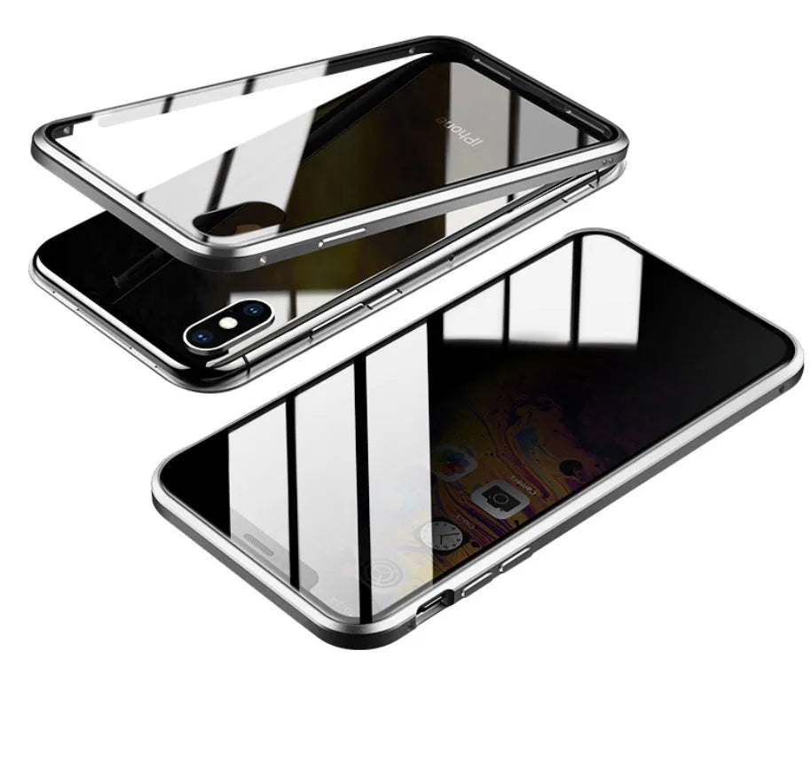Anti-spy phone case in clamshell design with geometric pattern, available in multiple colours for iPhone