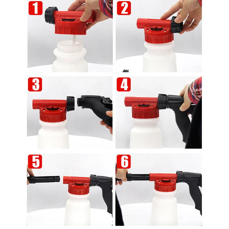 Green and black handheld foam pot high pressure water gun for garden spraying.