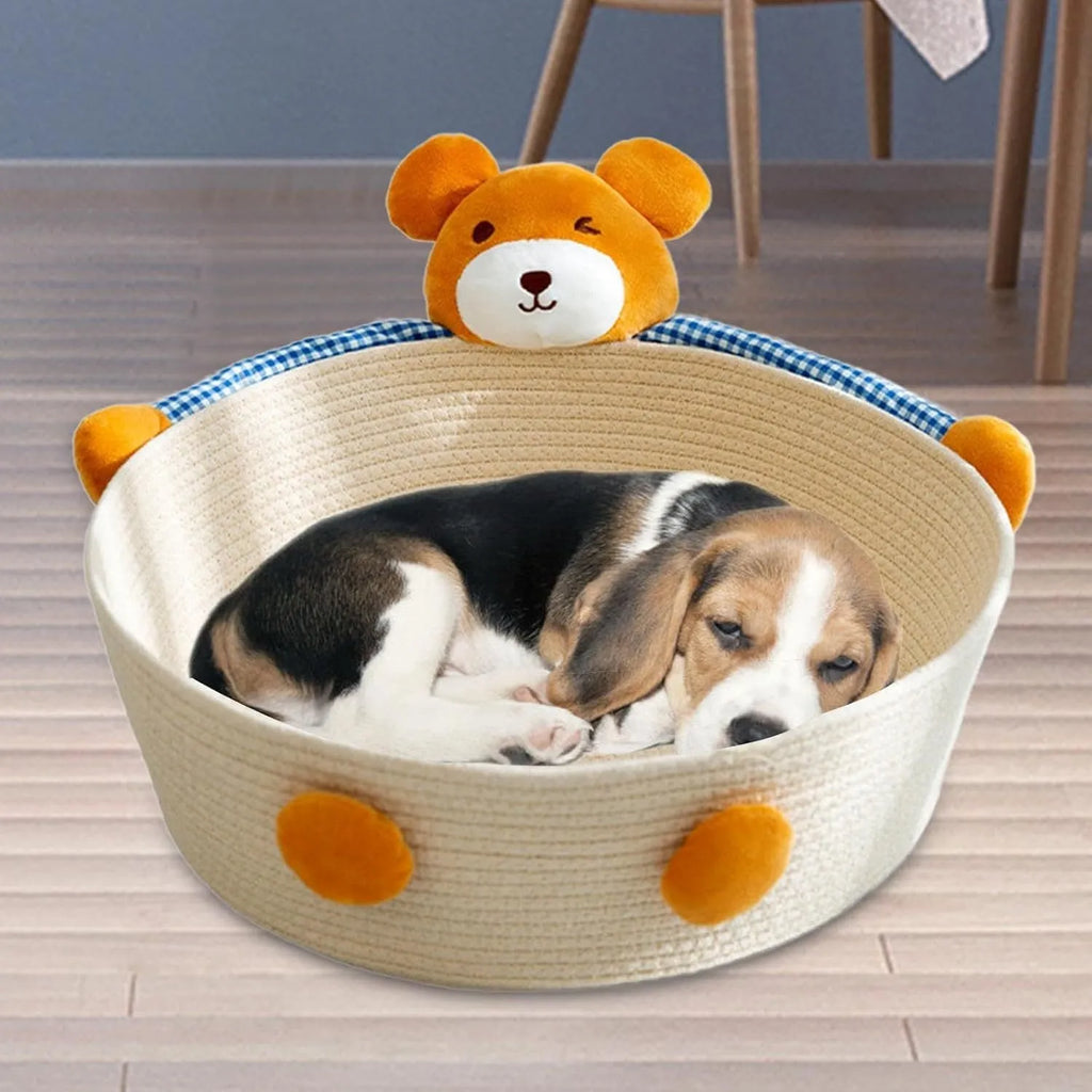 Woven cotton rope cat bed with integrated scratching board in basket design, available in three sizes