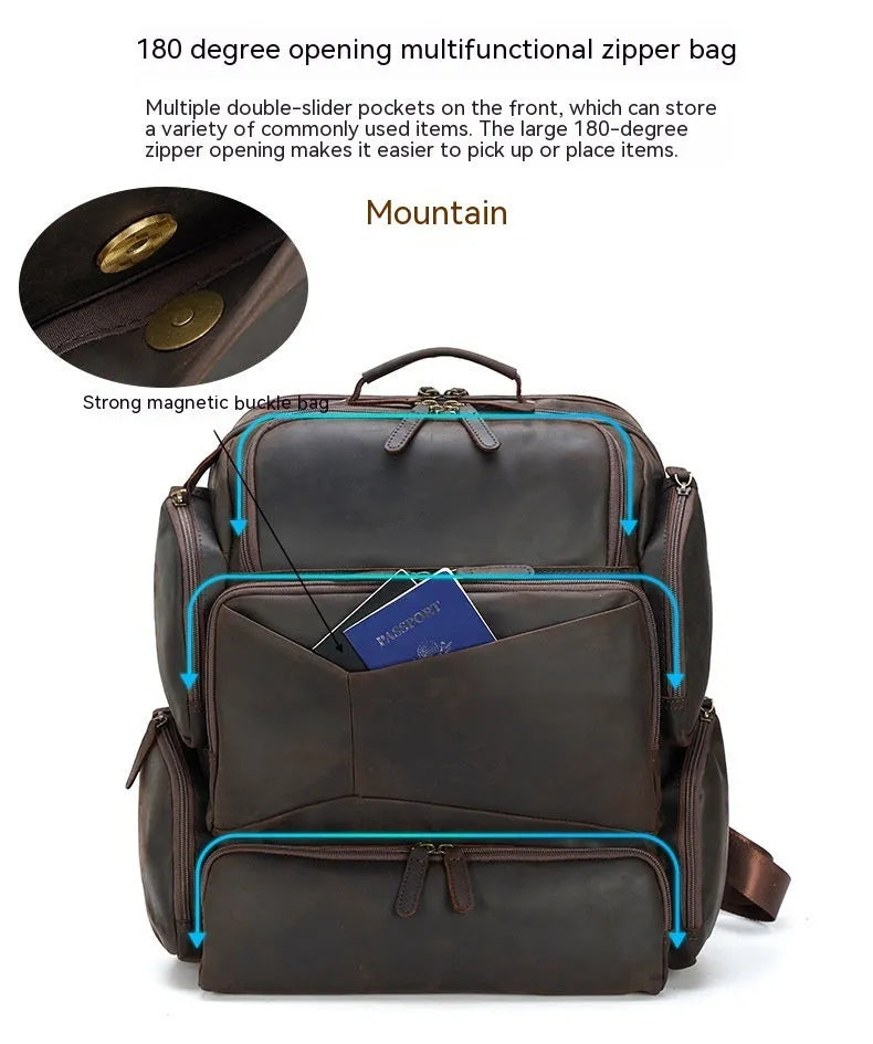 Dark brown genuine cowhide leather backpack with double shoulder straps and organisational compartments for 17-inch laptop