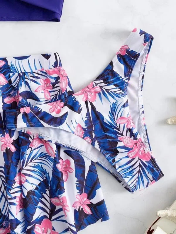 Women's three-piece high-waisted bikini swimsuit set in polyester fabric