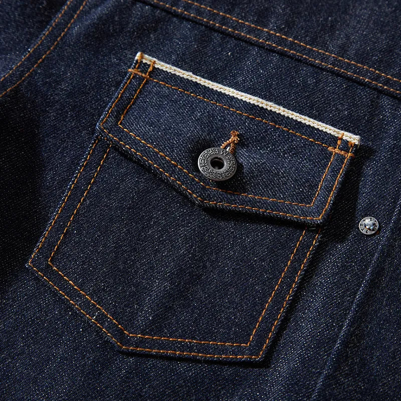 Men's raw pulp colour Japanese-style loose cotton jacket with red edge detailing and patch pockets.