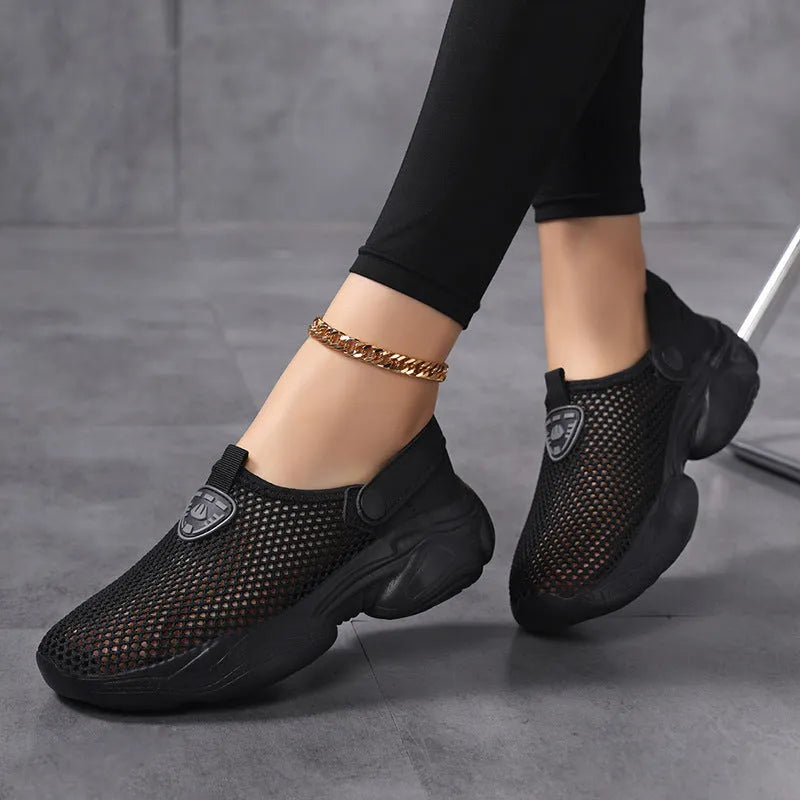 Women's Flyknit casual sports sandal in beige colour showing round toe holder design.