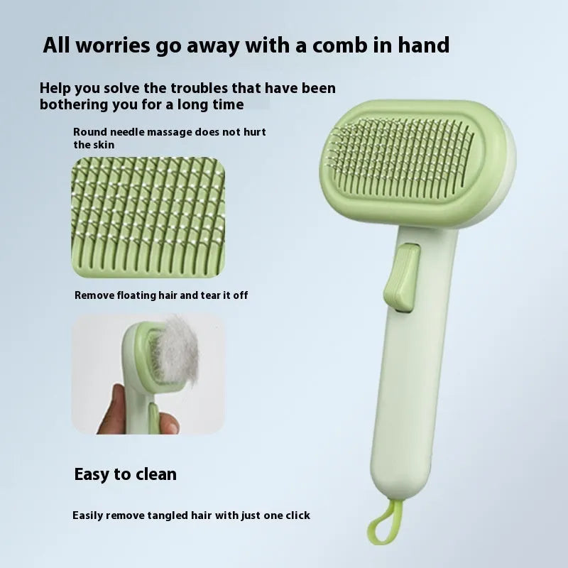 Light green pet grooming comb with stainless steel blades for cat and dog hair removal