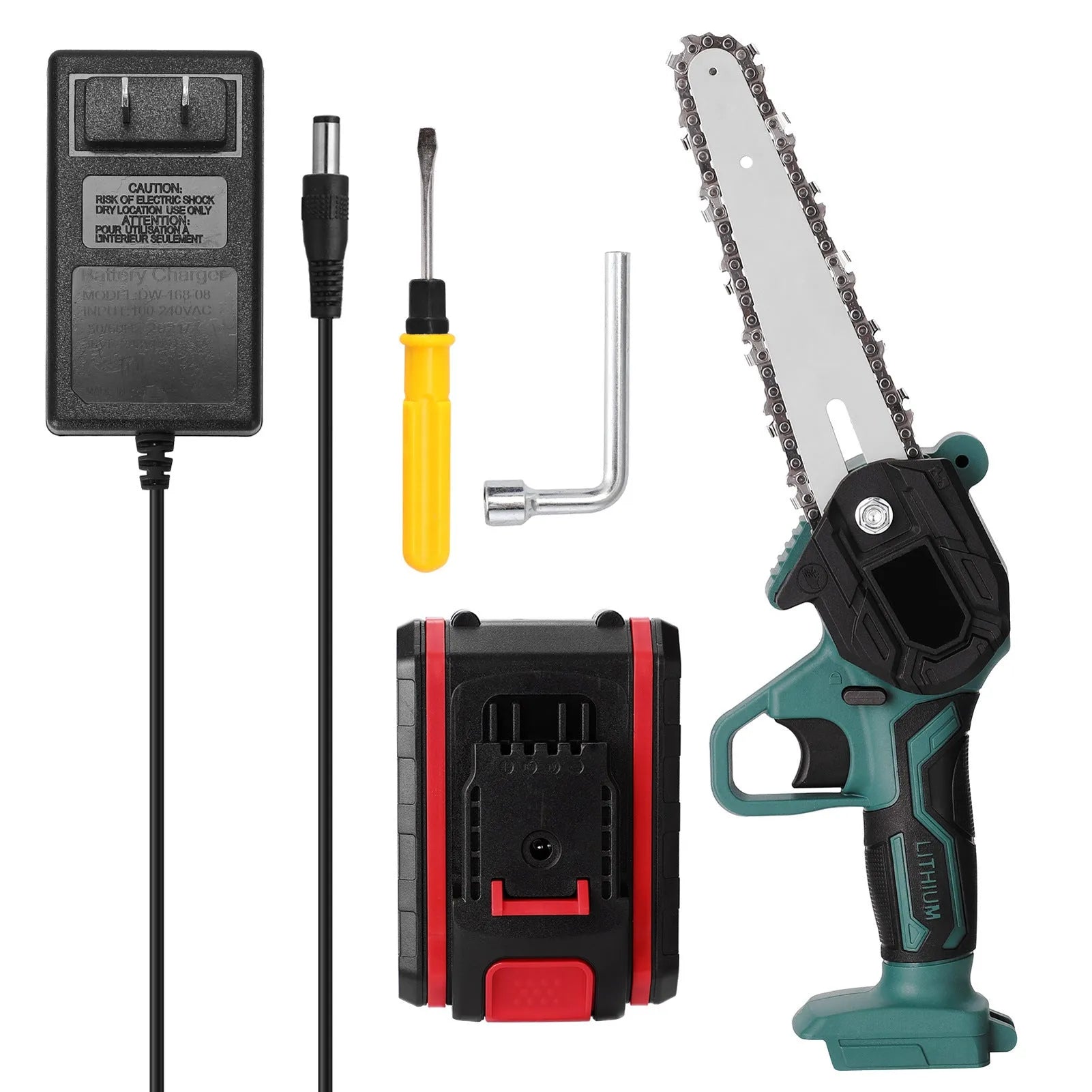 Black one-hand mini electric chainsaw with 4-inch guide, cutting wood branch, showing lightweight design at 884g