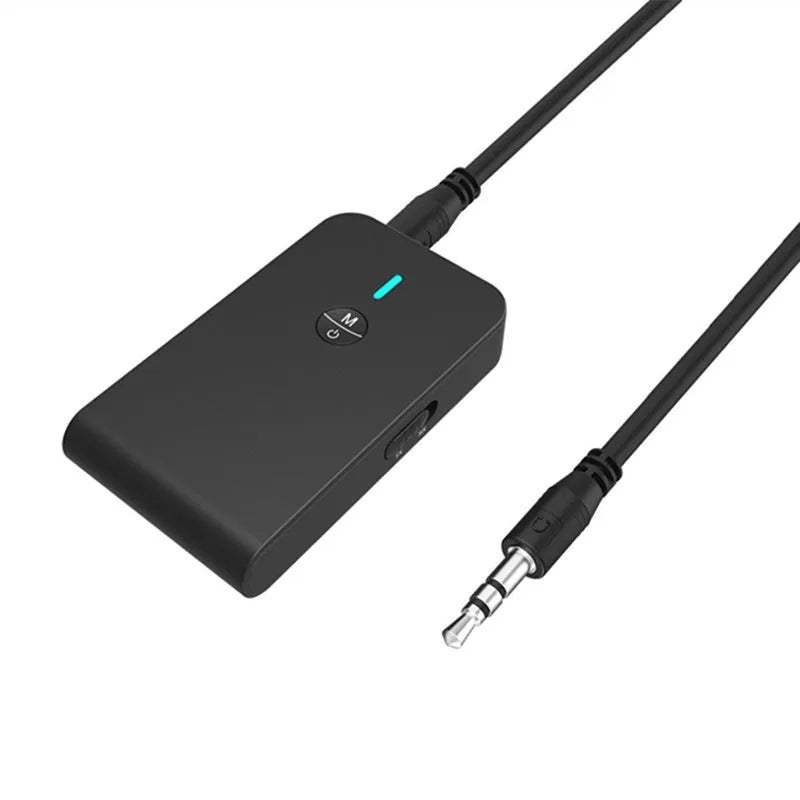 Black Bluetooth audio adapter with 3.5mm AUX connector and external power supply