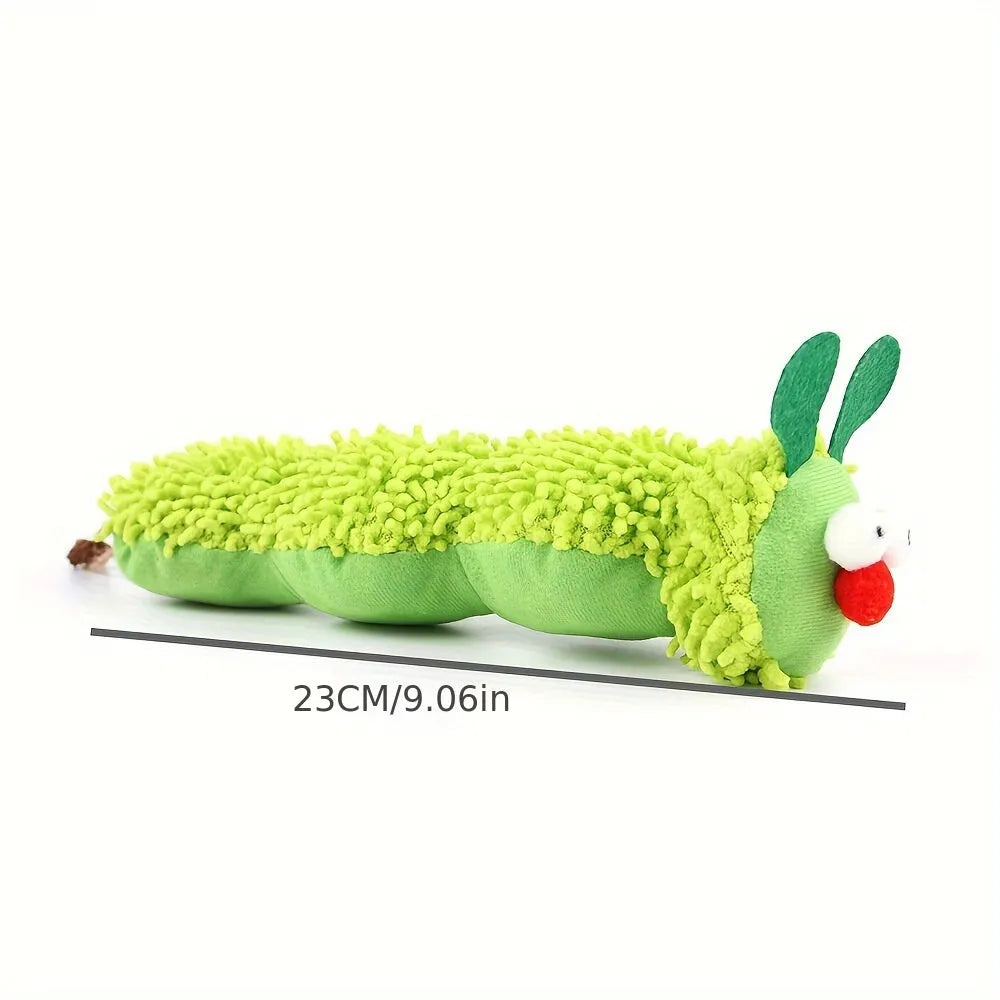 Green interactive plush cat toy pillow measuring 24x11x5cm with rechargeable electronic features