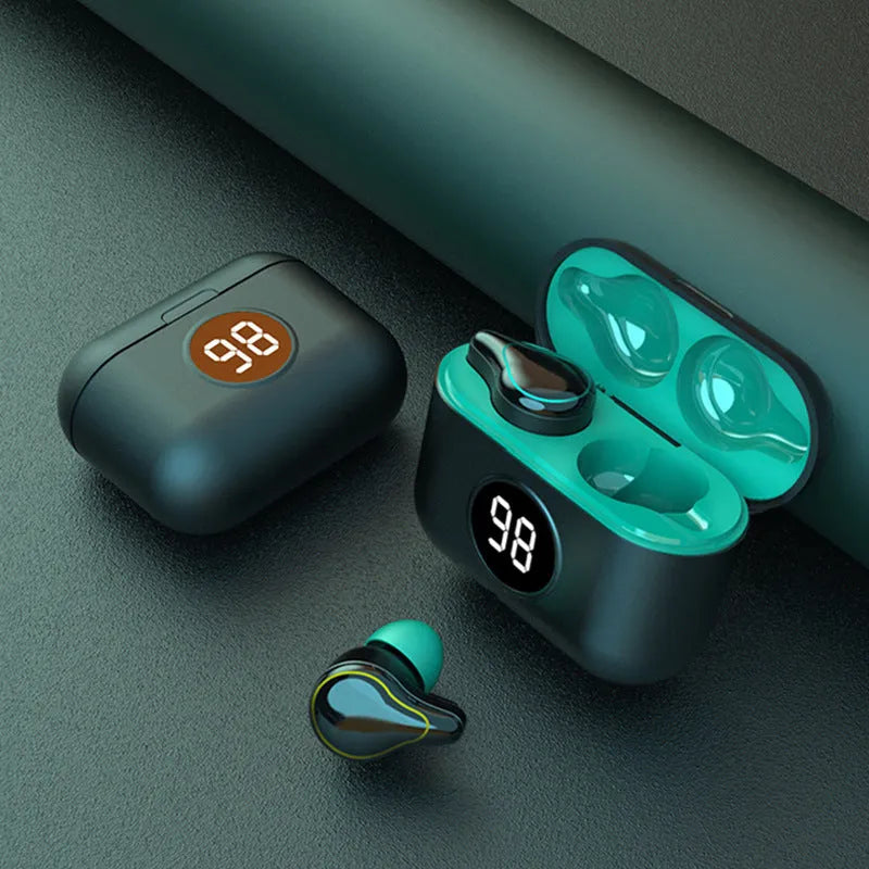 In-ear Bluetooth headset in black or blue with earplug design and bilateral stereo sound