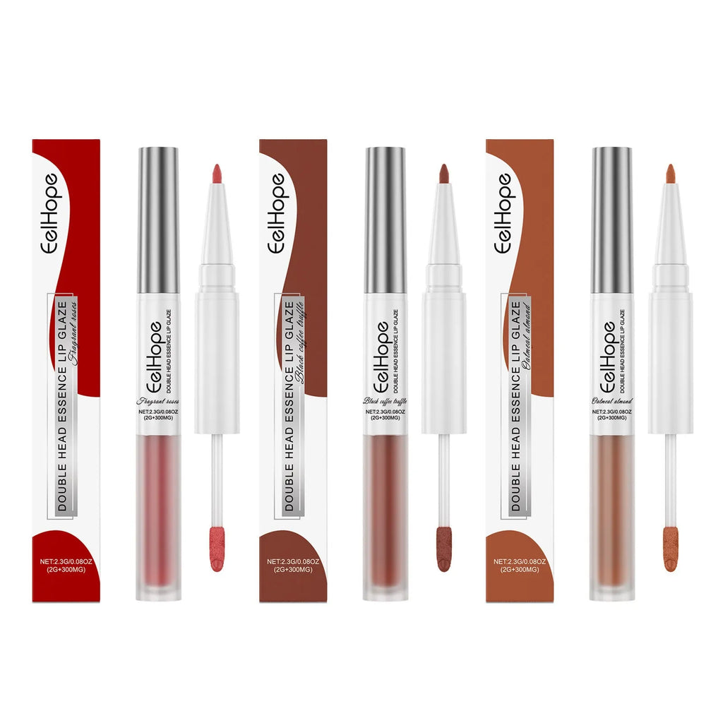 Double-headed lip liner and lacquer pen showing 0.5mm pencil tip and matte lacquer bullet in three colour options