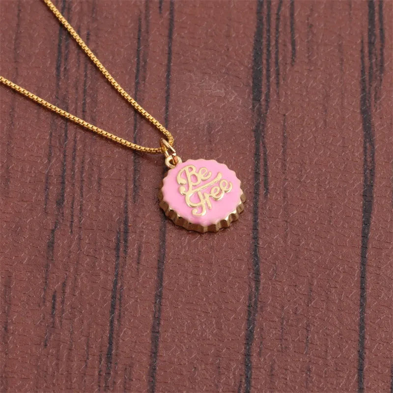 Copper bottle cap pendant necklace with electroplated finish on a 40cm box chain in multiple colours
