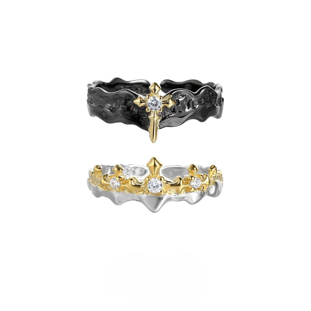 Adjustable opening silver couple ring with electroplated white gold or black gold finish, showing original design