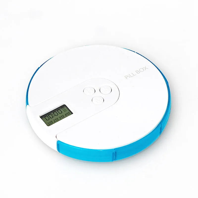7-compartment alarm clock pill dispenser in multiple colours with timer display and compact 11 cm size