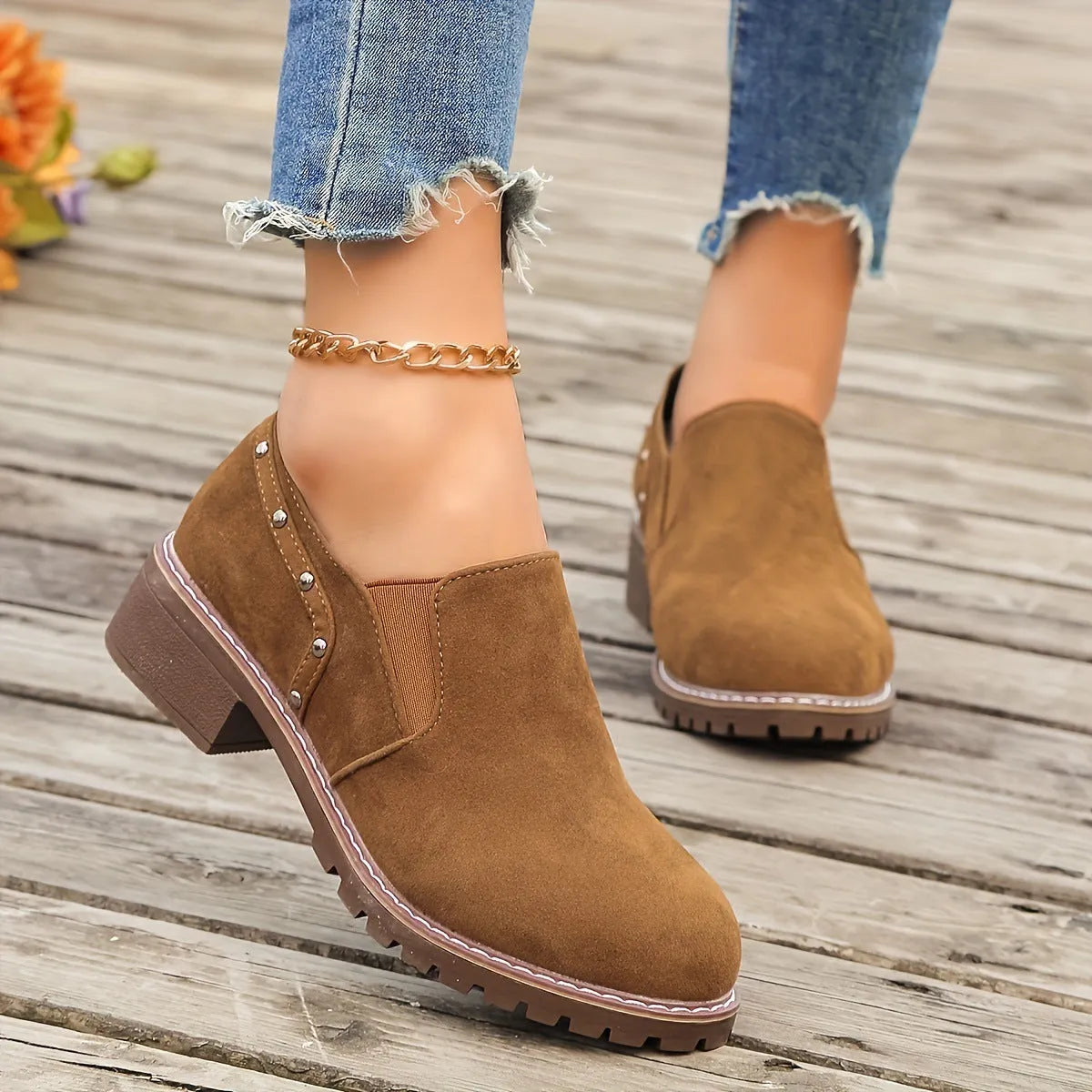 Women's plus size suede ankle boots with low heel and elastic band in light brown colour