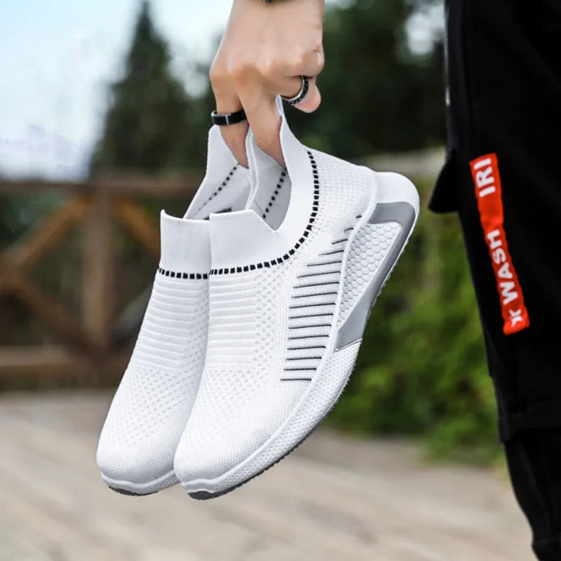 Men's mesh sock shoes with striped design, Flyknit upper, and plastic sole in black-white colour, size 42