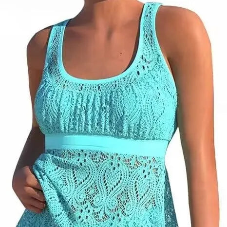 Women's two-piece swimwear set in solid colour with conservative split design, sleeveless top and briefs for swimming