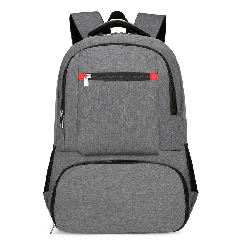 Light grey Oxford cloth backpack with curved shoulder straps showing sewing line details and dry-wet separation compartments