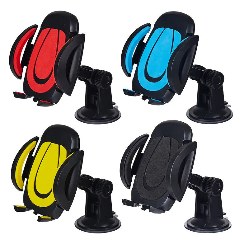 Blue U-shaped mobile phone bracket with suction cup mount showing clamp arms open for device insertion