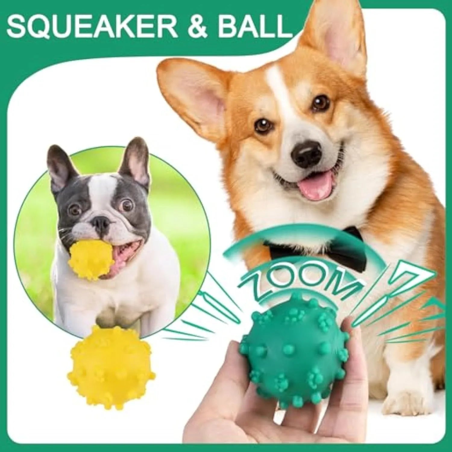 Four colourful spiked dog balls with 2-inch diameter, designed for small breed dental chew and fetch games