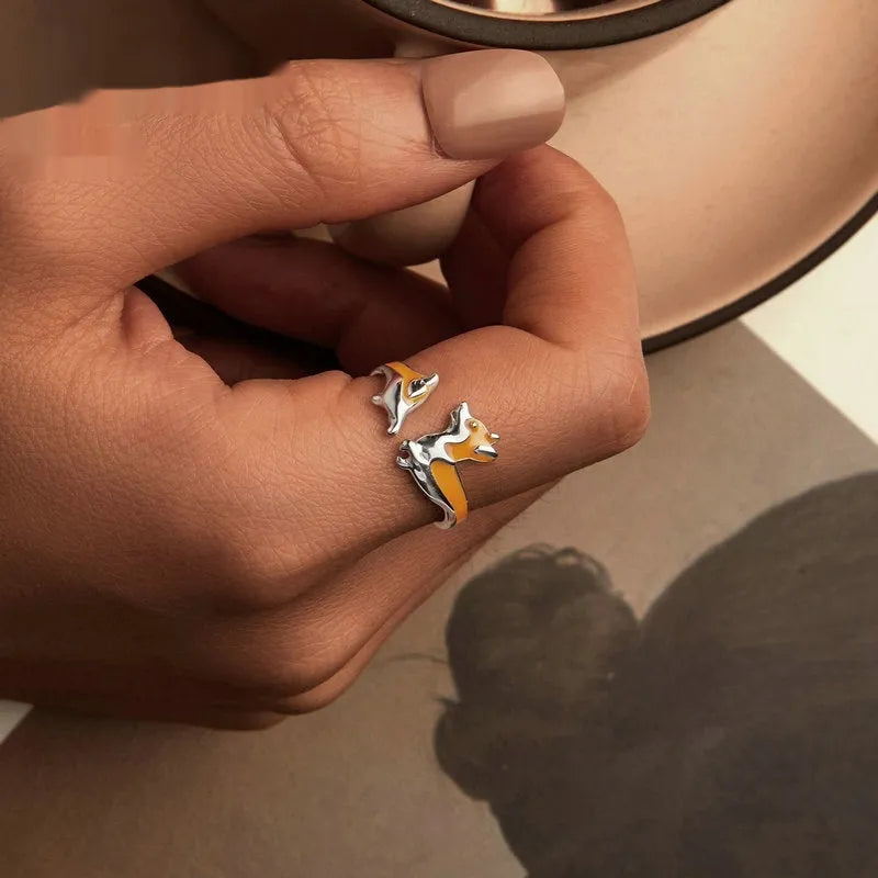Silver ring with cartoon corgi design and adjustable sizing for women