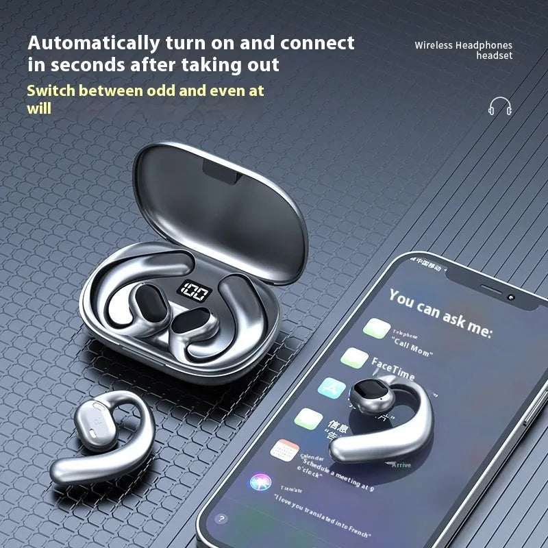 Black ear-mounted Bluetooth headset showing digital display screen and breathing light, worn on outer ear