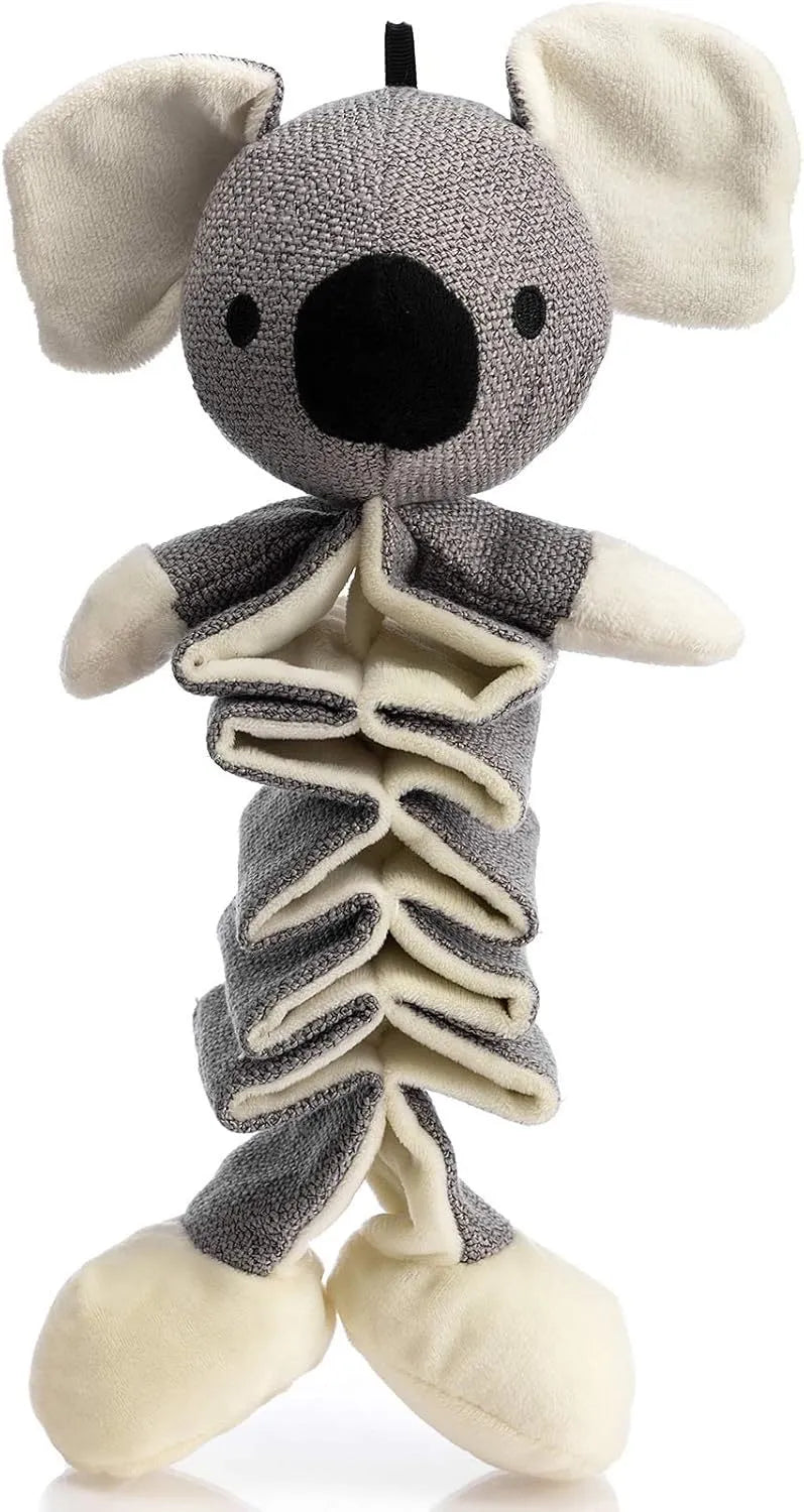 Gray koala-shaped dog toy measuring 30cm with crinkle paper inside and rope reinforcement for durability