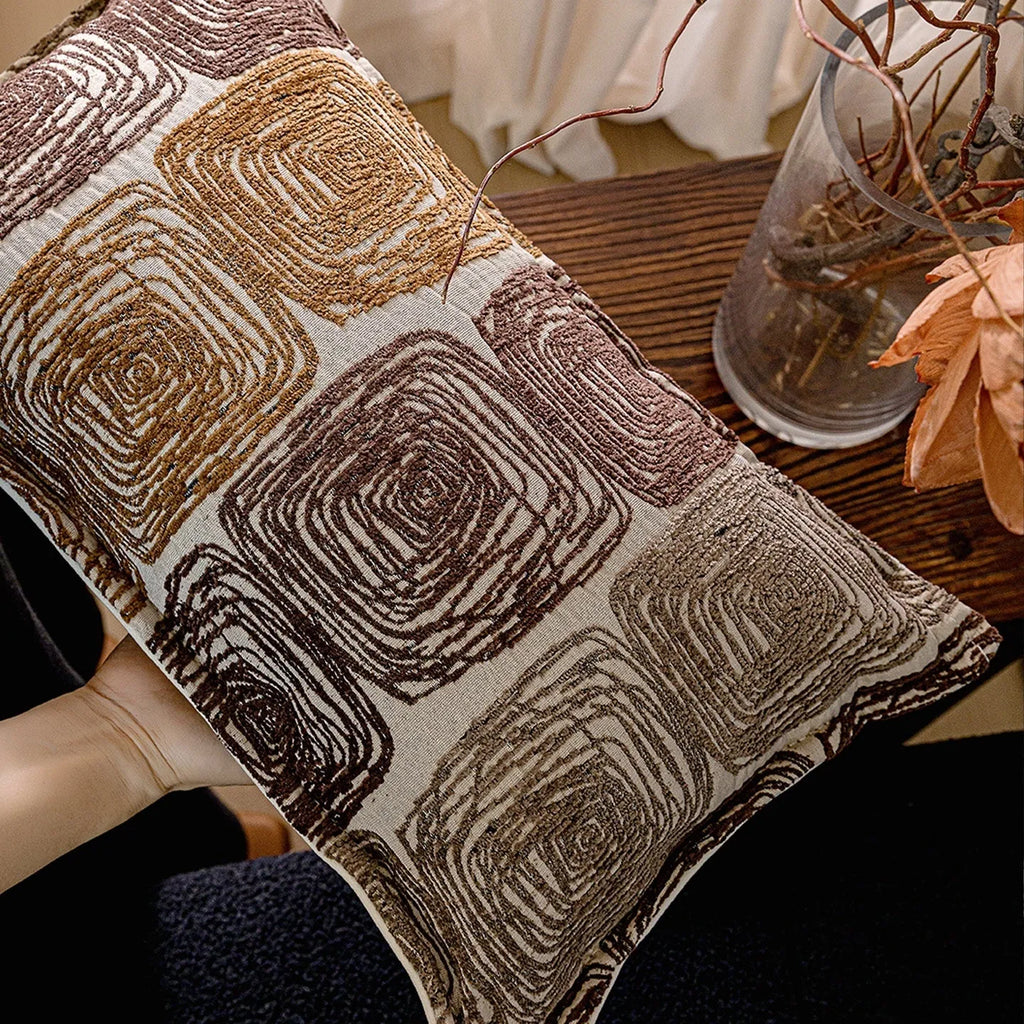 Cream and coffee abstract coil pattern pillow cover in 100% polyester feather velvet, 50x50cm square size