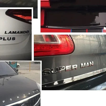 Metal zinc alloy car bumper stickers showing 3D English letters in black and silver finishes, each measuring 2.5cm