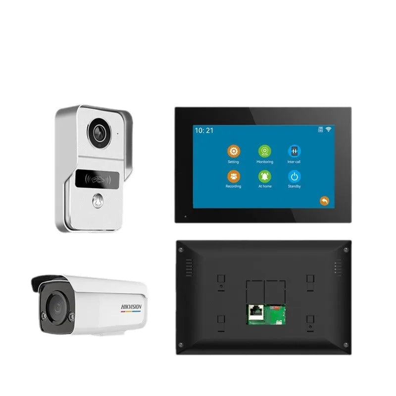 Video Intercom Doorbell 1v2 system showing 10-inch display unit and outdoor camera with installation components