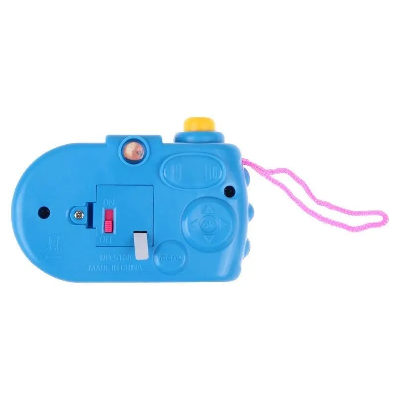 Blue or pink kids plastic projection camera toy with sliding lip, showing dinosaur and dolphin images.